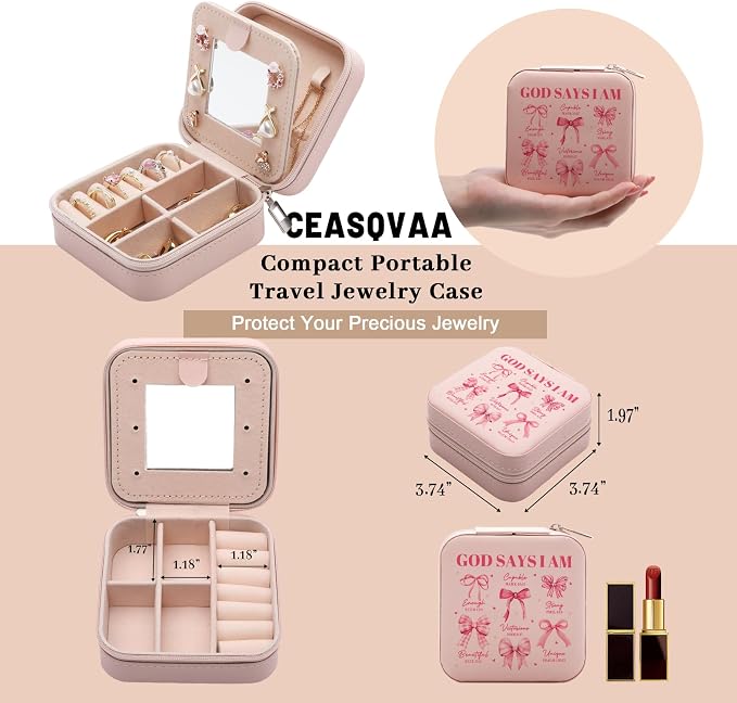 God Says I Am Jewelry Box Inspirational Christian Gifts Religious Faith Based Gift Bible Verse Jewelry Case Pink Coquette Bow Travel Jewellery Organizer - Image 3