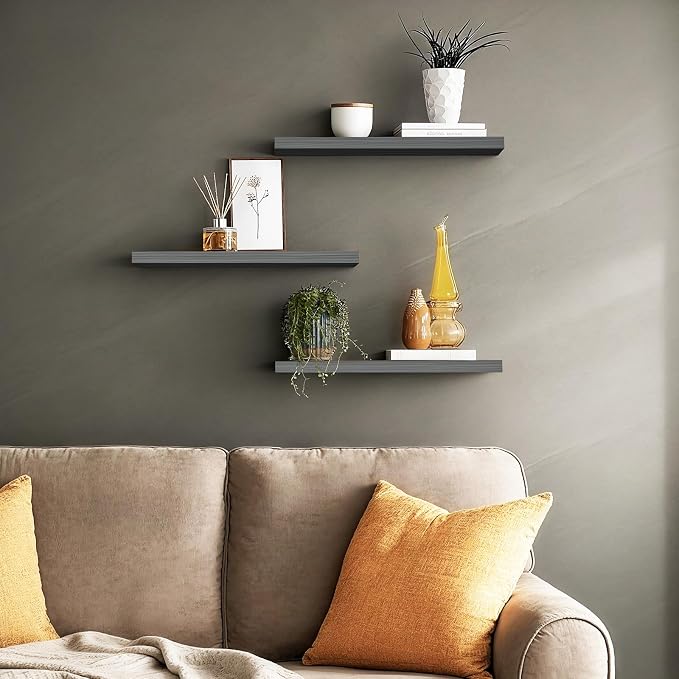 BAYKA Grey Floating Shelves for Wall, Set of 3, Wall Mounted Rustic Wood Shelves for Bathroom, Bedroom, Living Room, Kitchen, Small Hanging Shelf for Books/Storage/Room Decor, 15.7in - Image 2