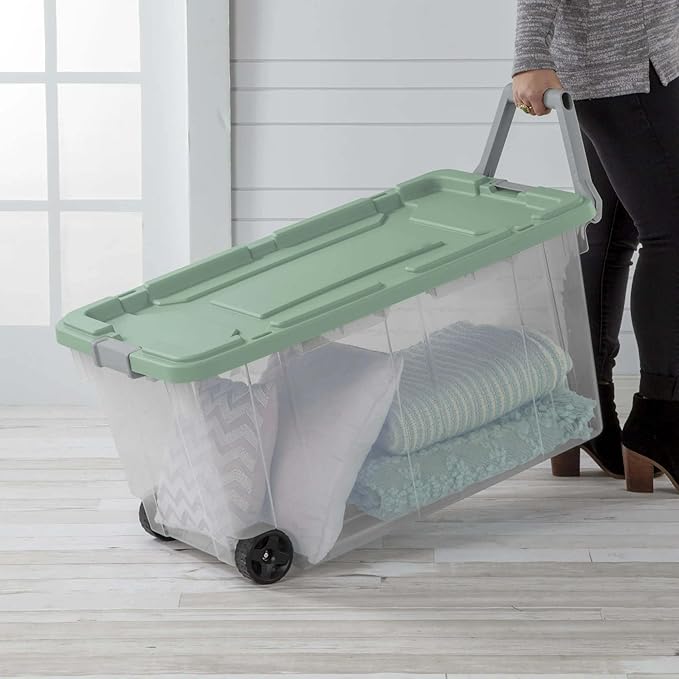 Ratiyae 160 Quart Wheeled Storage Box, Extra Large Durable Clear Plastic Bin, Latch Lid, Lt Green, 2 Count - Image 3