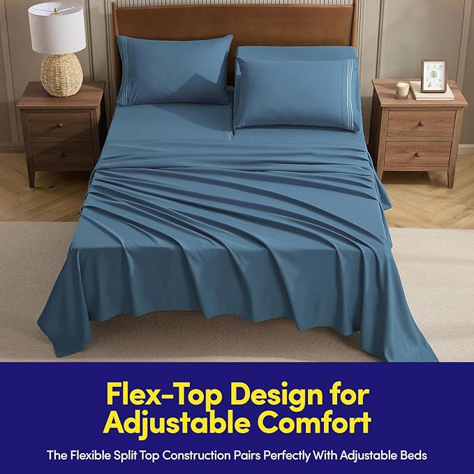 Split Head King Sheets Set for Adjustable Beds 4 Piece Flex Top Bed Sheets – Deep Pocket Split Top Fitted Sheet with Built-in Corner Straps, Luxury Soft Cooling Bedding, Wrinkle Resistant, Denim