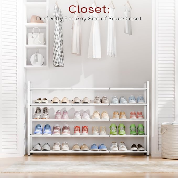 Bumusty 5-Tier Long Expandable Shoe Rack for Closet, 18"-44" Adjustable Shoe Rack for Entryway, 25-30 Pairs Large Shoe Organizer Shelf Storage, Sturdy Metal, White - Image 2