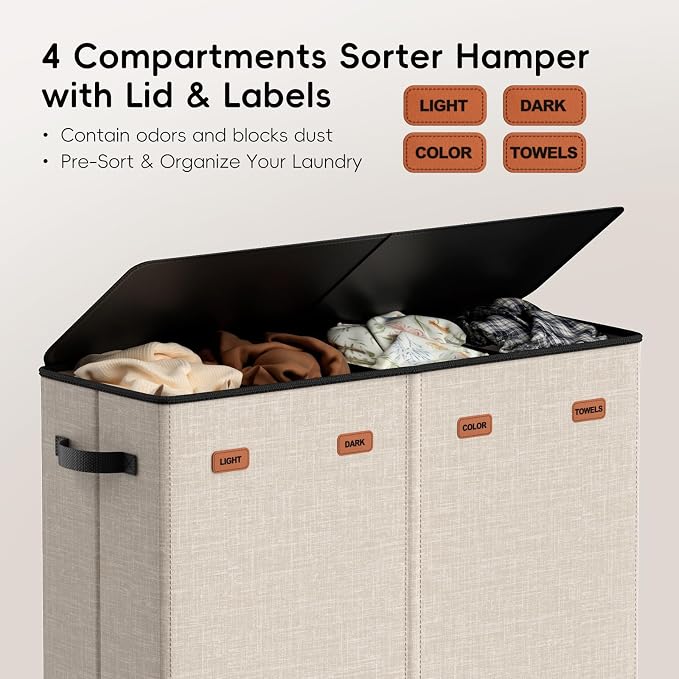 Laundry Hamper 4-Section with Lid, 185L Laundry Sorter with 4 Removable Bags + 1 Extra Large Bag, Switchable 3/4 Compartment, Laundry Basket Organizer for Bedroom, Laundry Room，Beige - Image 4