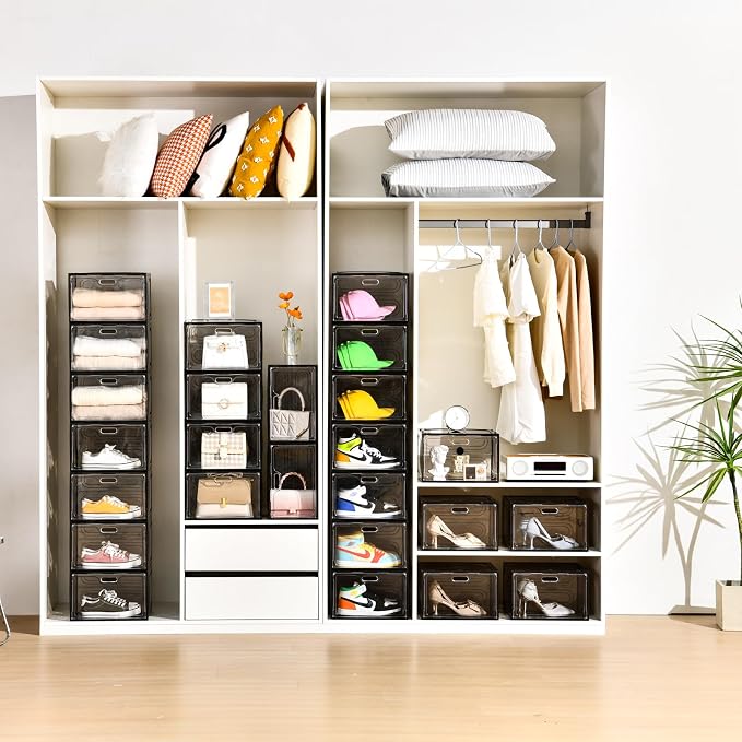 Amllas New Gray 8 Pack Shoe Boxes Stackable, Large Shoe Storage Organizer with Lids,Drop Side Shoe Containers for Entryway,Sneaker Storage Fit up to US Size 13 for Men/Women(13’’x 10.6”x 8.3”) - Image 4