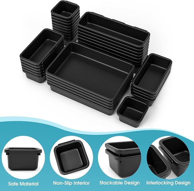 33 PCS Drawer Organizer Set, 4 Size Makeup Drawer Divider Organizer With Non-Slip Pads, Interlocking Plastic Storage Bins for Office,Jewelry Vanity,Gadgets, Bathroom,Kitchen, Black - Image 3