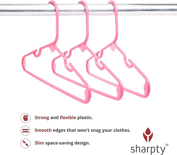 Sharpty Kids Plastic Hangers, Children's Hangers for Baby, Toddler, and Child Clothes - Everyday Standard Use - Ideal for Boys and Girls Closet, Clothing, Pants, Coats, and More - Pink, 60 Pack - Image 4