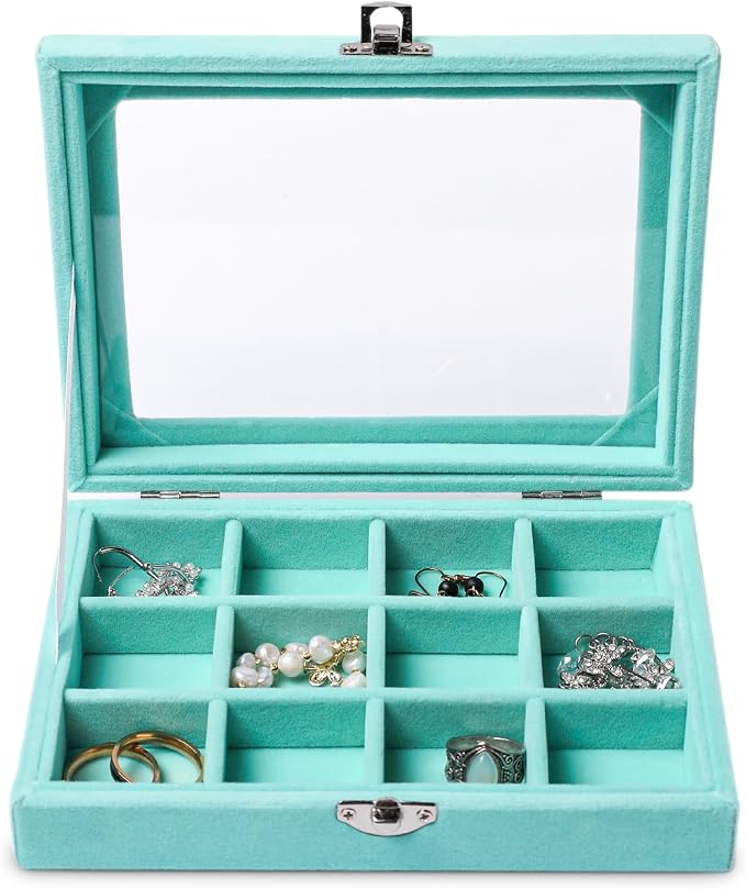 Frebeauty Jewelry Organizer Tray with Clear Lid 12 Grid Velvet Drawer Insert Jewelry Box with Transparent lid Jewelry Display Case Store Showcase Jewelry Box Gift for Women(Turquoise,12 Grid) - Image 2
