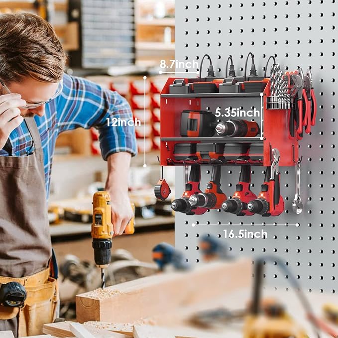 CCCEI Modular Power Tool Organizer Wall Mount with Charging Station. Garage Drill Storage Shelf with Hooks, Heavy Duty Rack, Tool Battery Holder Built in 8 Outlet. Gift for Men. Red, 1 Pack. - Image 8