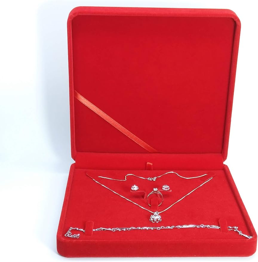 Jewelry Set Velvet Box Necklace Earring Ring Necklace Bracelet Gift Display Case Wedding Jewelry Storage Holder (Red) - Image 6