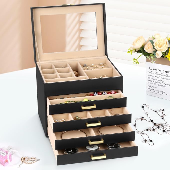 Kendal Jewelry Box, 5-Layer Jewelry Organizer Box with Glass Lid, Black, Heart Shaped PU Leather, Storage Box for Necklace Earrings Rings Bracelets, Gift Idea for Girls LJC4DRBK - Image 5