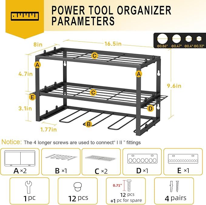 Spacecare Power Tool Organizer- Power Drill Tool Holder- Heavy Duty Tool Shelf & 1 Pack 3 Layers Tool Rack Cordless Drill Holder- Floating Tool Shelf Wall Mounted Tool Storage Rack for 4 Drill Holders - Image 2