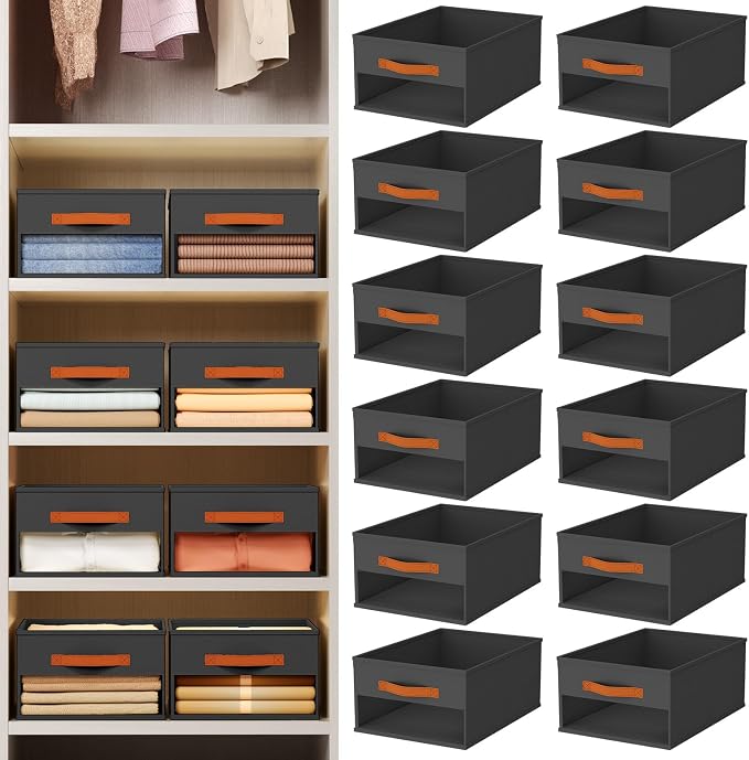 Homsorout Drawer Organizers and Storage - 12 Pack Foldable Pants Organizer with Clear Window & Handles, Fabric Closet Organizer for Clothes, Jeans, Sweaters, Towels, T-shirt, Scarf (Black) - Image 2