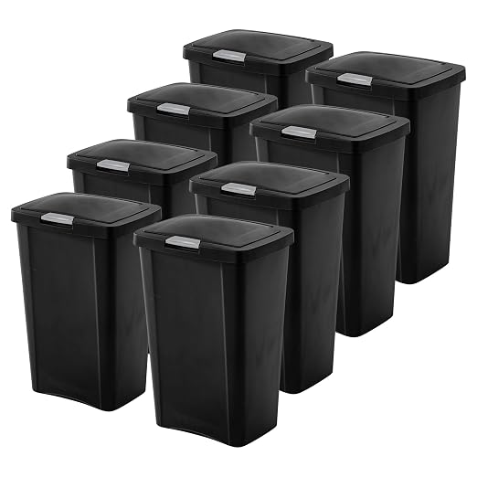 Sterilite 13 Gallon TouchTop Narrow Plastic Wastebasket with Secure Titanium Latch for Kitchen, Bathroom, and Office Use, Black (8 Pack) by Sterilite