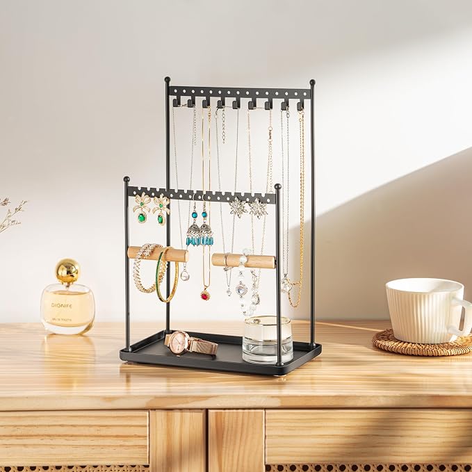 3 Tier Black Jewelry Stand, Necklace Organizer, Earring Holder with 44 Holes and 9 Hooks, for Necklaces, Bracelets, Rings - Image 2