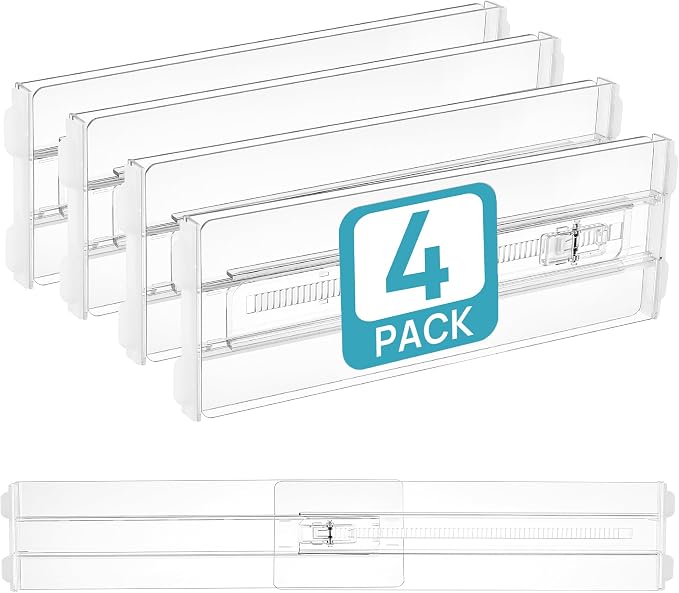 Vtopmart 4 Pack Drawer Dividers for Clothes, 4" High 13"-22" Adjustable Expandable Dresser Drawer Organizer, Clear Plastic Separators for Dresser, Baby Clothing, Underwear, Cosmetic, Toiletries by Vtopmart