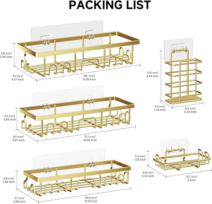 Shower Caddy, 5 Pack Shower Shelves for Inside Bathroom, Rustproof Adhesive Bathroom Organizer with Soap Holder, No Drilling Washroom Organizers and Storage for Bathtub Room/Kitchen/Home, Gold - Image 2