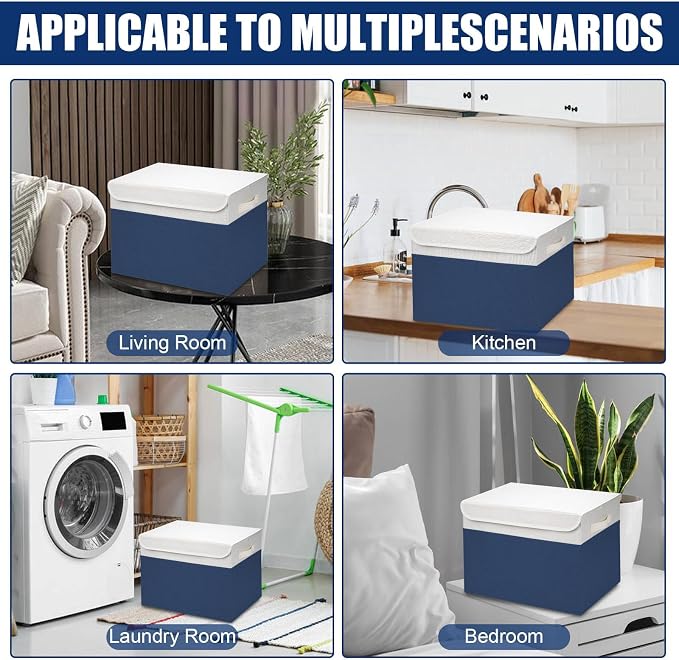 Bagnizer Large 42 Quarts Fabric Storage Bins with Lids [2-Pack] Linen Collapsible Foldable Baskets, Closet Organizer Containers boxes with Handles for Home Office (16.7 x 12 x 12, Navy Blue & White) - Image 7