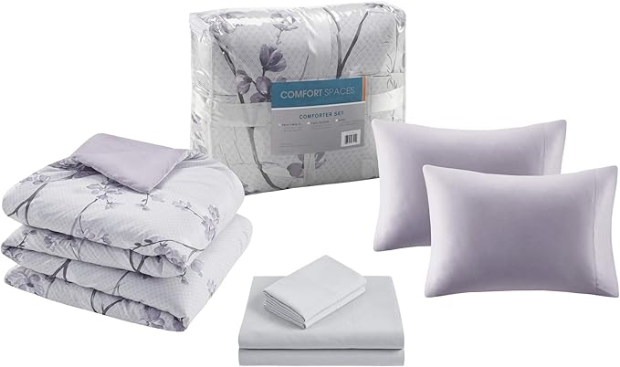 Comfort Spaces Bed in A Bag - Trendy Casual Design Cozy Comforter with Complete Sheet Set with Side Pocket, All Season Cover, Matching Shams Queen(90"x90"), Kate, Grey/Purple 9 Piece