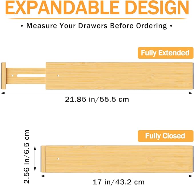 Bamboo Drawer Dividers, Adjustable Kitchen Drawer Organizer for Clothes,17-22" Expandable Drawer Organization Separators for Bedroom,Bathroom,Dresser and Office,4-Pack - Image 3