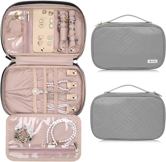 Jewelry Travel Case Organizer for Necklaces, Earrings, Rings, Bracelet, Watch, Soft Sided, Grey by TBTOTRA