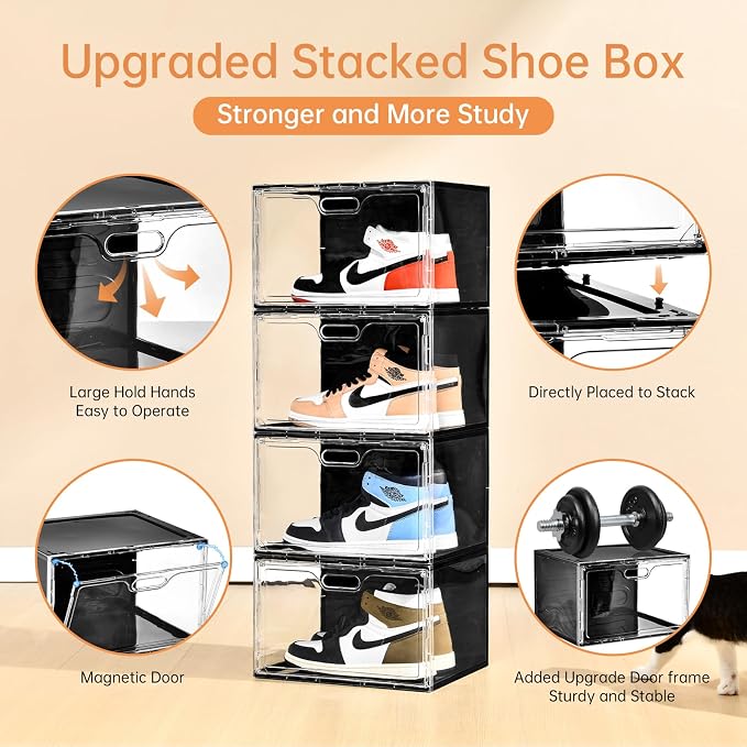 Amllas New 8 Pack Shoe Boxes Stackable, Large Shoe Storage Organizer with Lids,Drop Side Shoe Containers for Entryway,Sneaker Storage Fit up to US Size 13 for Men/Women(13’’x 10.6”x 8.3”) - Image 7
