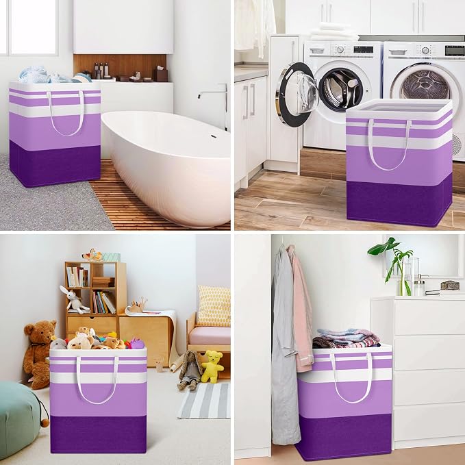 HomeHacks 2 Pack Large Laundry Baskets, Waterproof, Freestanding Laundry Hampers, Collapsible Clothes Hamper with Reinforced Handles in Laundry, College Dorm, Bathroom, Bedroom (Purple, 100Lx2) - Image 6