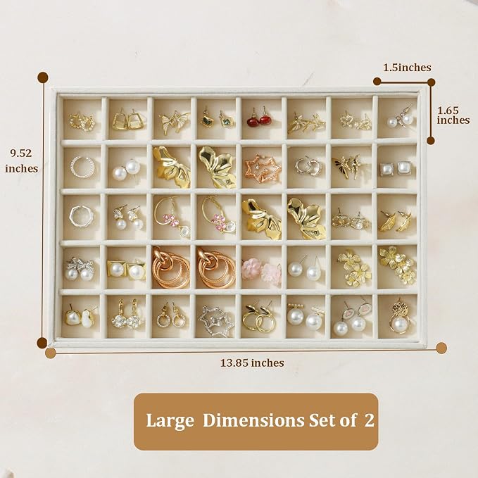 Large Velvet Jewelry Tray 2 Pack Stackable Jewelry Display Drawer Inserts Trays Organizer for Earring Bracelet Necklace Ring (Beige, 40 Grids) - Image 4