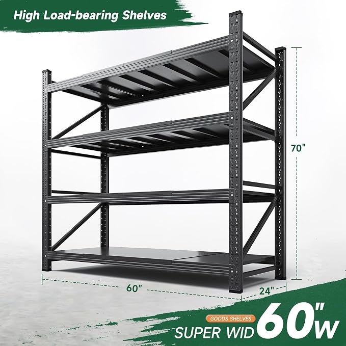 Letaya 4000LBS Storage Shelves Heavy Duty,60" W Garage Shelving Units, 4 Tier Adjustable Utility Rack Shelf,Large Metal Industrial Shelves,for Shop,Warehouse,Basement,Black (60" W x 24" D x 70" H) - Image 2