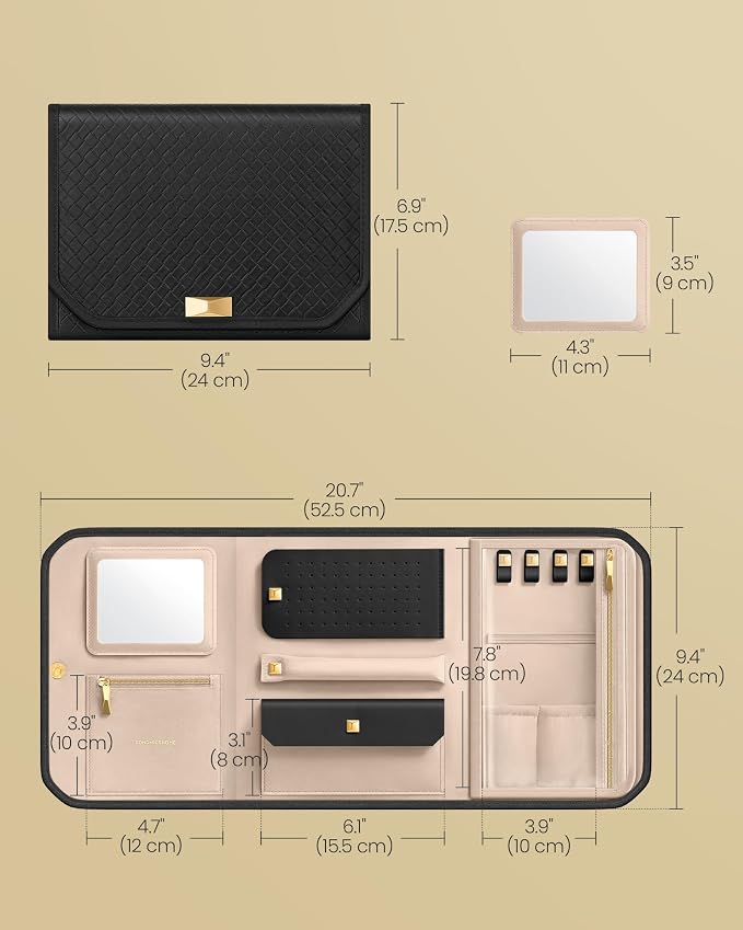 SONGMICS HOME Travel Jewelry Case, Foldable Jewelry Organizer with Mirror, Sectioned Storage, Large Capacity, Woven Embossed PU Leather, Gift Idea, Ink Black UJBC196B01 - Image 5