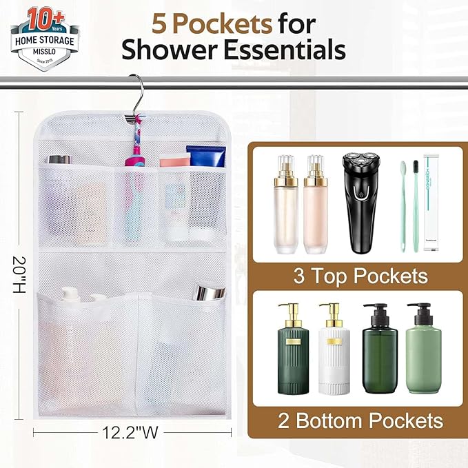 MISSLO Shower Caddy Organizer 5 Pockets Roll up Hanging Bathroom Accessories Storage for Camper, RV, Gym, Cruise, Cabin, College Dorm Shower, Small - Image 2