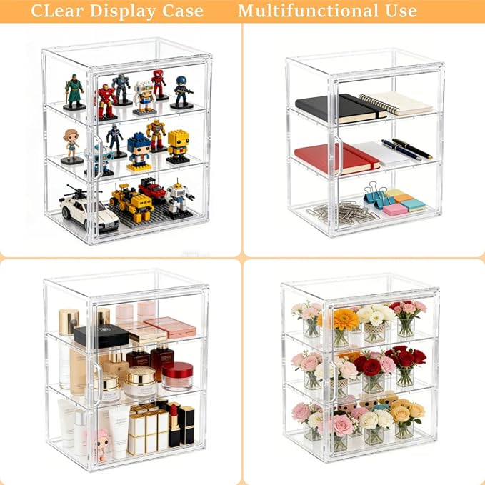 Acrylic Display Case for Collectibles, 3 Tier Clear Storage Bin with 3 Adjustable Layers and 2 Removable Divider, Stackable Clear Storage Box with Magnetic Door for Figures, Home or Office,Large - Image 6