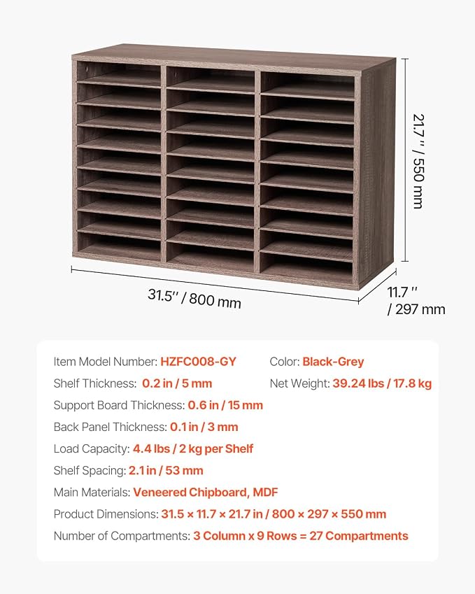 VEVOR Literature Organizer, 27 Compartments Office Mailbox with Removable Shelves, Wood Mailbox Sorter Particle Board Office Home Classroom Storage, File Sorter for File, Document, Paper, Black-Grey - Image 3