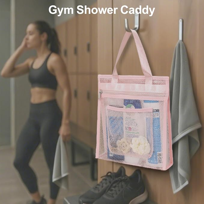 F-color Mesh Shower Caddy Portable Hanging - 3 Pockets Small Shower Bag Tote with Zipper Closure for Camping, Gym Lockers, Travel, Toiletry, Quick Dry Bathroom Essentials with S Hook, Pink - Image 2