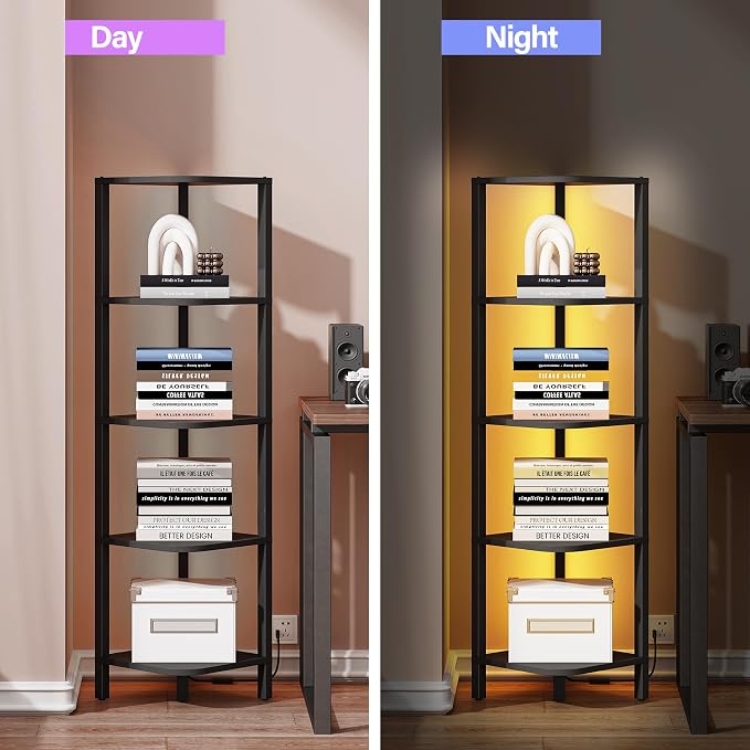 TUTOTAK Corner Shelf with LED Light, 5-Tier Corner Bookshelf for Small Space, Narrow Display Corner Shelf Stand with Storage Rack, for Living Room, Bedroom, Black BS08BK005L - Image 4