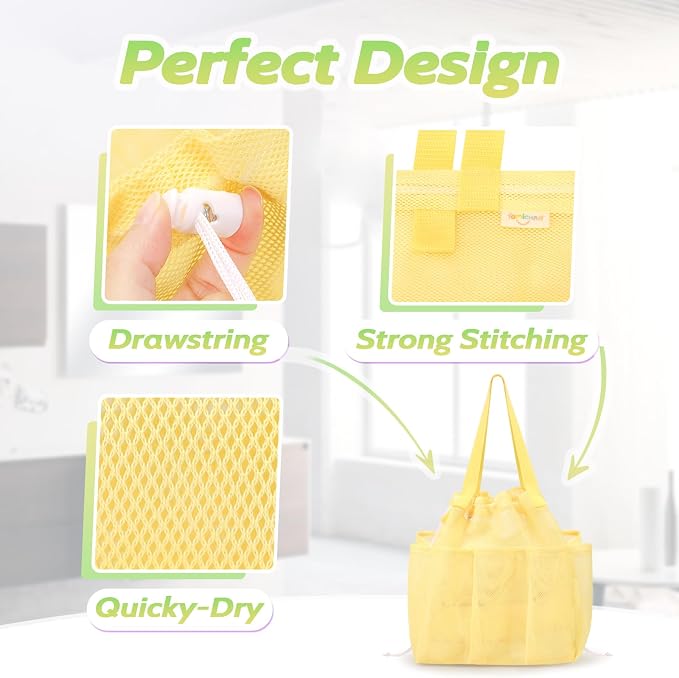 famichan Mesh Shower Caddy Portable with Drawstring, Dorm Room Essentials for College Students Girls & Boys, Large Shower Bag for Camping,Swimming,Gym,Travel,Bathroom - Yellow - Image 3