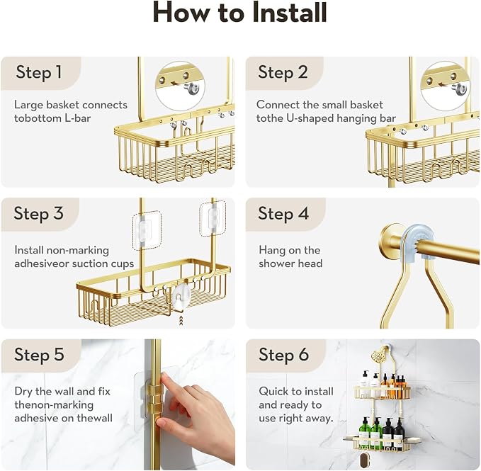 Shower Caddy Hanging, Shower Organizer Hanging, Aluminum Shower Racks for Inside Shower with Hooks for Razor, Never Rust Bathroom Organizers and Storage with Soap Holder, Gold - Image 9