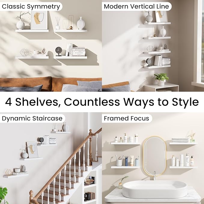 BAYKA Floating Shelves for Wall, 15.7in Wall Mounted Rustic Wood Shelves for Bathroom, Bedroom, Living Room, Kitchen, Hanging Shelf for Books/Storage/Room Decor with 22lbs Capacity (White, Set of 4) - Image 9