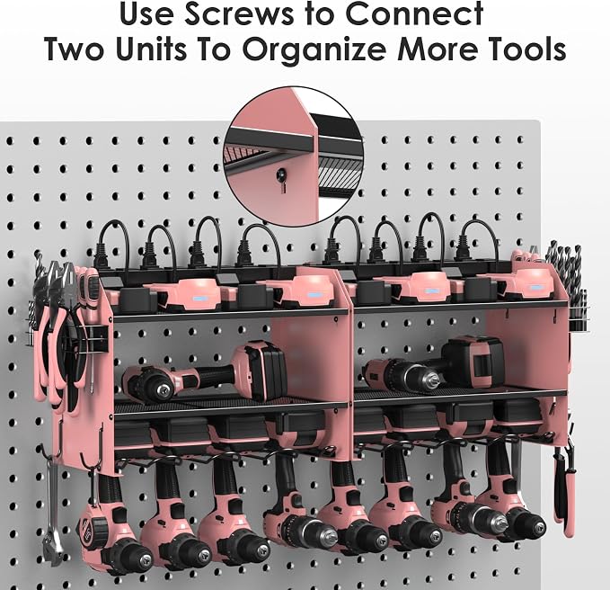 CCCEI Modular Power Tool Organizer Wall Mount with Charging Station. Garage Drill Storage Shelf with Hooks, Heavy Duty Rack, Tool Battery Holder Built in 8 Outlet. Gift for Men. Pink, 1 Pack. - Image 6