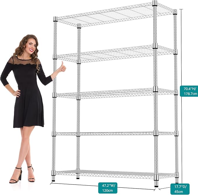 M MZG 1750LBS 47.2" W 5 Tiers Shelf Steel Storage Shelves Metal Shelving Unit Steel Organizer Wire Rack for Home,Kitchen,Office,Garage Chrome 17.7" D x 47.2" W x 72.4" H - Image 3