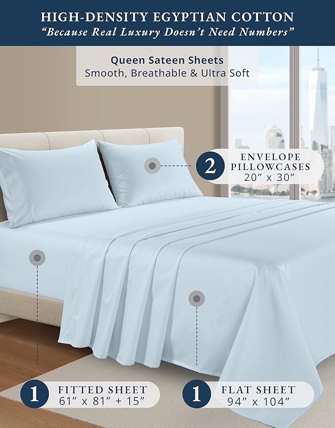 LANE LINEN 100% Egyptian Cotton Queen Sheets Set, Long Staple Mercerized Cotton Bedding Sheets, Sateen Weave, Luxury Hotel Sheets, Deep Pocket - Ice Melt