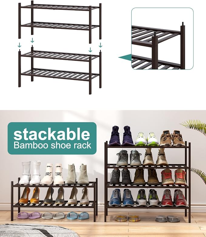 viewcare 2-Tier Shoe Rack for Entryway, Bamboo Shoe Rack for Closet, Free Standing Shoe Racks for Indoor Outdoor, Stackable Shoe Shelf Storage Organizer for Hallway Closet - Image 5
