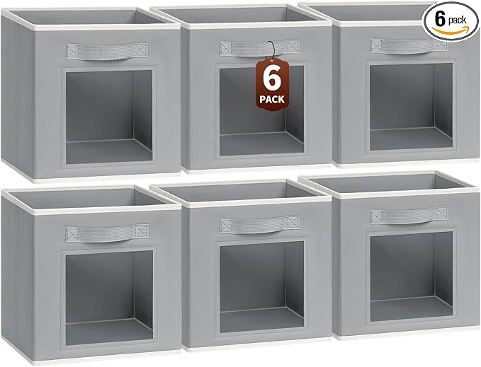 Homsorout Storage Cube 11 Inch - Cube Storage Bins with Window, Closet Storage Baskets with Handle, Fabric Bins for Closet, Shelves, Toys, Clothes, Set of 6, Grey by Homsorout