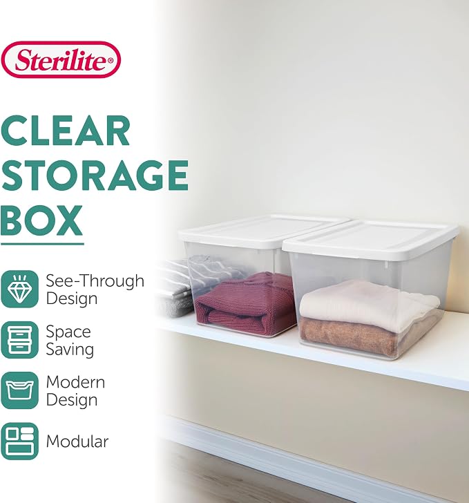 Sterilite 6 Pack Storage Boxes, Clear Plastic Stackable Containers, Lightweight Home Organizers with Snap Lids, 20 Quart, White - Image 2