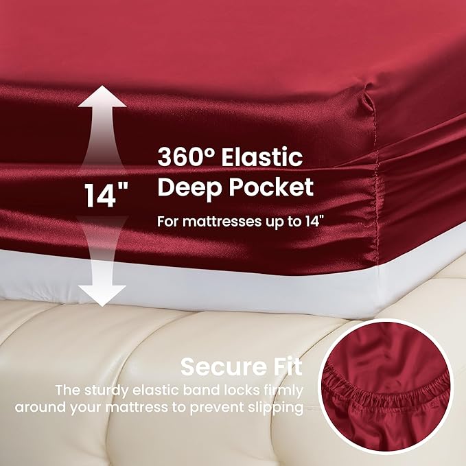 Love's cabin Twin XL Satin Sheet Sets - 3 Piece Burgundy Silky Bed Sheets with Deep Pockets, Luxury Silk Feel Satin Sheet Set Twin XL (1 Flat Sheet,1 Fitted Sheet,1 Pillow case)