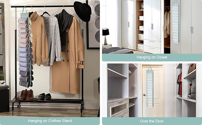 DHSFKBE Legging Organizer Storage, T-Shirt Hanging Closet Hanging Clothes Organizer with 26 Roll Compartments for Yoga Pants, Tank Top, Towel, Underwear, Shirt (Grey) - Image 2