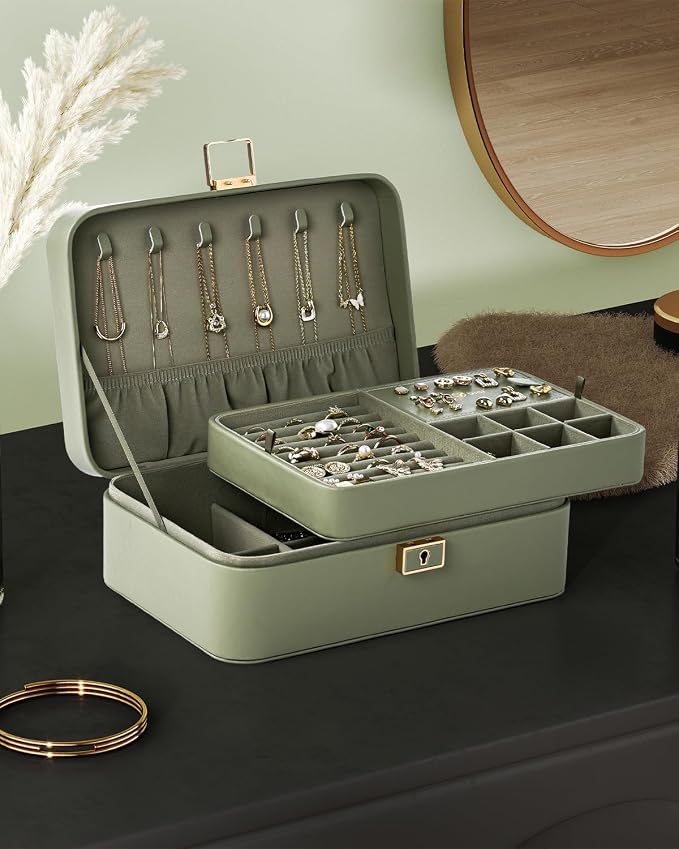 Jewelry Box, 2-Layer Jewelry Holder Organizer with Lock, Removable Jewelry Tray for Earrings Necklaces Bracelets, Green - Image 7