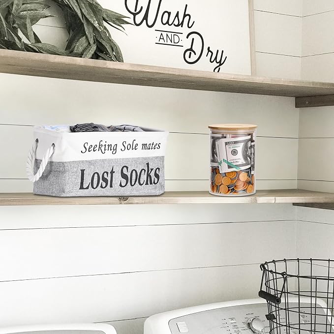 Lost Socks Basket for Laundry Room, Fabric Missing Sock Holder for Single Sock Organization, Collapsible Lost Socks Bin Stockings Container, Farmhouse Laundry Room Decor and Accessories - Image 9