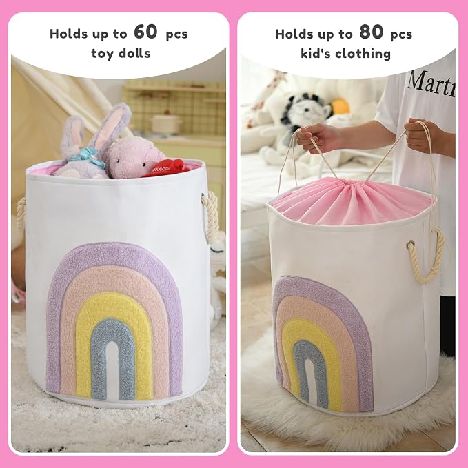 INough Pink Baby Hamper, XL Canvas 58L Laundry Basket with Drawstring Closure, Boho Rainbow Decor - Image 2