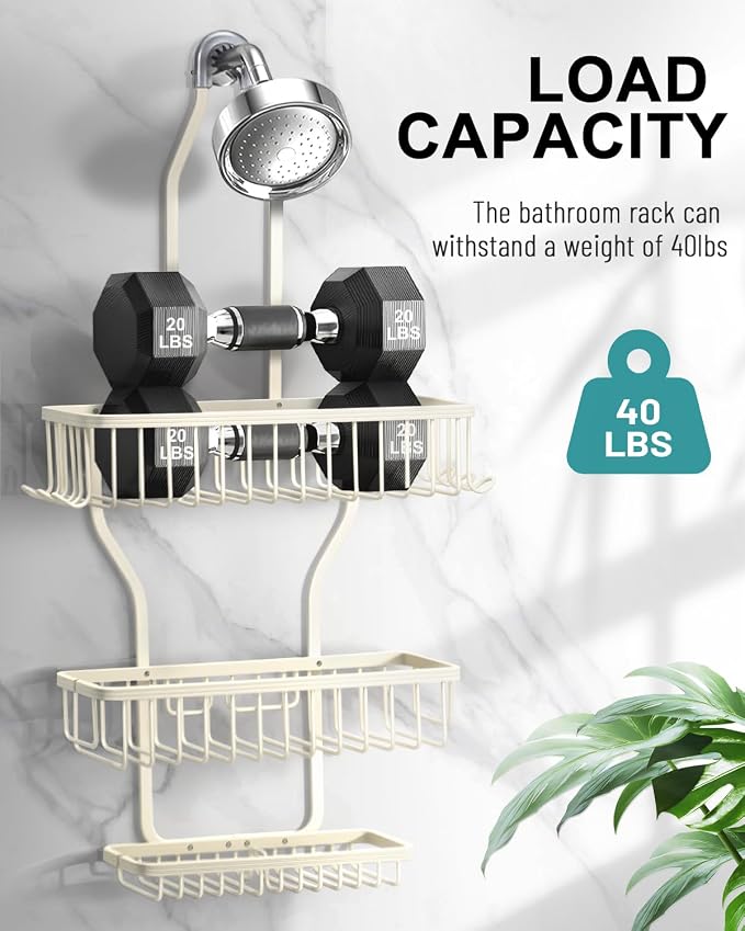 Shower Caddy Hanging - Never Rust Shower Hanging Organizer - Aluminum Over the ShowerHead Caddy with Soap Basket and 6 Hooks for Razor/Sponge (Milky White) - Image 6
