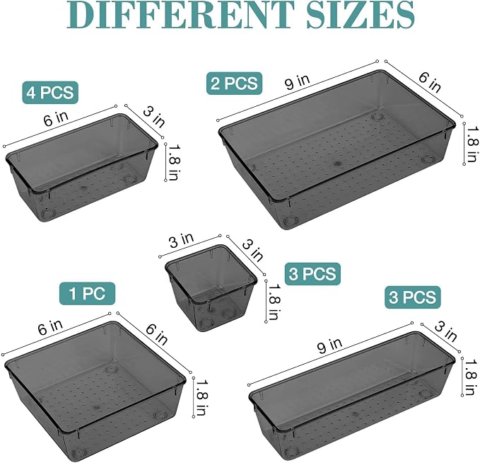 StorMiracle 13 PCS Drawer Organizer Set, 5 Varied Size Bathroom and kitchen Drawer cabinet organizer Trays, Clear Storage Bins for Makeup, Jewelry, Utensils and Gadgets, Black - Image 2
