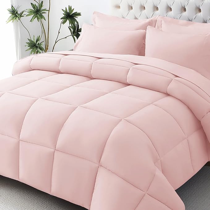JOLLYVOGUE California King Comforter Set, Ultra-Soft Bed in a Bag Cal King Size 7 Pieces, Oeko-TEX Certified Bedding Set with Down Alternative Comforter, Sheets, Pillowcases & Shams, Blush Pink